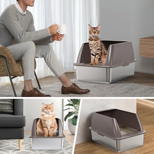 Hobya 14" XL Stainless Steel Litter Box for Cats, Enclosed Metal Litter Box with Lid, Extra Large Kitty Litter Box with High Sides for High Peeing Cat, Easy to Clean, Non-Sticky, Including Scoop