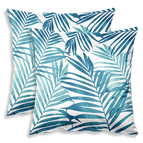 PANGHOUZ Blue Plant Leaf Decorative Throw Pillow Covers for Couch Bed Sofa Living Room Tropical Plants Leaves Square Cushion Cases Art Home Decor 18x18 inch Set of 2