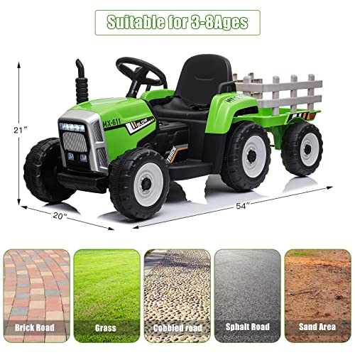 SEHOMY Kids Ride on Tractor with Trailer and 25W Dual Motors, 12V Battery Powered Electric Kids Car Vehicle Toys with Remote, 3-Gear-Shift, Music, LED Lights,USB, Power Wheels for Boys Green