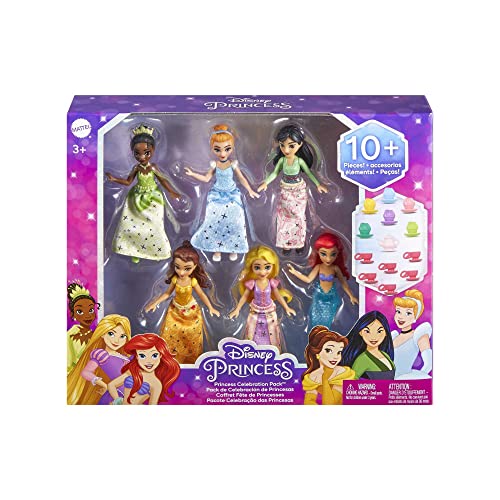 Mattel Disney Princess Toys, Small Doll Party Set with 6 Posable Princess Dolls in Sparkling Clothing & 13 Tea Time Accessories