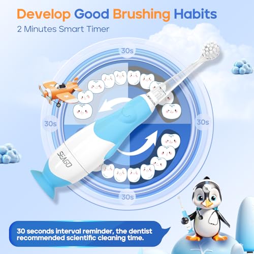 SEAGO Toddler Electric Toothbrush for Ages 1-3 Years,Baby Electric Toothbrush with Smart LED Timer and Sonic Technology,4 Brush Heads(Blue)