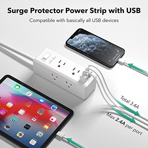 BN-LINK Surge Protector Power Strip with 6 Outlets 2 USB-A 1 USB-C(Total 3.4A), 3-Side Outlet Extender Strip with 5 Ft Extension Cord, Flat Plug, Desktop Charging Station for Travel, Home, Office, 15A