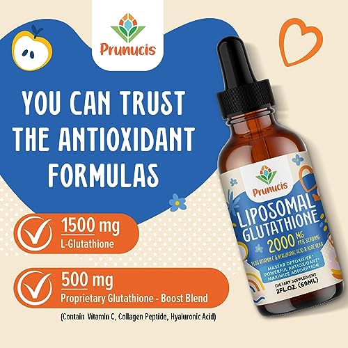 Prunucis 2000MG Liposomal Glutathione Liquid, 98% Absorption, Glutathione Liquid Supplement, Active Form L- Glutathione, Powerful Antioxidant Non-GMO for Immune System, Aging Defense, Detox, 2 FL.OZ