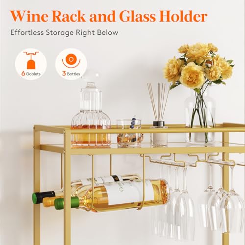 Lifewit Bar Cart, Home Serving Cart with 2 Tier Glass Shelves, Liquor Rolling Cart with Lockable Wheels, Glass Holder and Wine Rack, Beverage Cart for Kitchen Dining Living Room, Gold