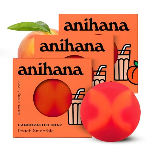 ANIHANA Handcrafted Soap 3 Pack with Coconut Oil, Gentle Cleansing Paraben Free Cruelty Free Refreshing Peach Smoothie Scent 4.23 oz each