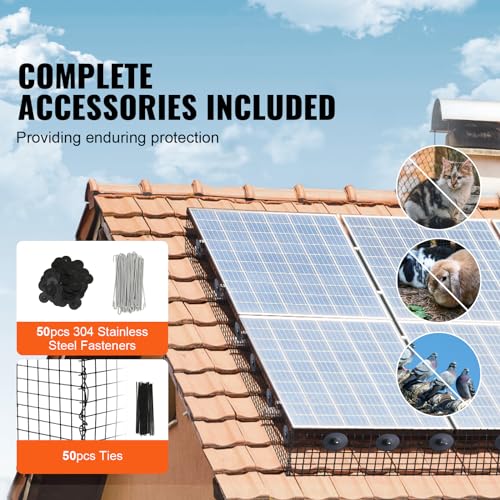 VEVOR 6 inch x 50ft Solar Panel Bird Guard, Critter Guard Roll Kit with 50pcs Stainless Steel Fasteners, Solar Panel Guard with Rust-Proof PVC Coating, 1/2 inch Wire Roll Mesh