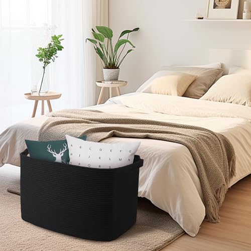MEGASKET Extra Large Rectangle Storage Basket, 23.6" x 17" x 12" Black Blanket Basket Storage for Living Room, Large Soft Woven Cotton Rope Basket, Kids Toy Baskets Organizer Bins, Wicker Basket