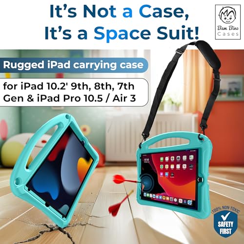 Bam Bino Space Suit iPad 9th Generation Case Kids, iPad 8th/7th/10.2 inch iPad Case for Kids | Lightweight Cover with Screen Protector, Handle, Stand, Shoulder Strap, Pencil Holder (Turquoise)