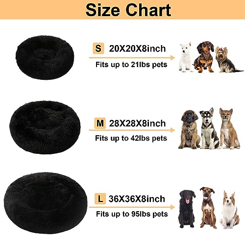 Kimpets Dog Bed Calming Dog Beds for Small Medium Large Dogs - Round Donut Washable Dog Bed, Anti-Slip Faux Fur Fluffy Donut Cuddler Anxiety Cat Bed(20"/27"/35") (Small, Black)