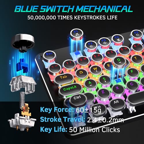 Typewriter Mechanical Gaming Keyboard and Mouse, Metal Panel Retro Keyboard with Round Keycap Blue Switch, RGB Backlit 104 Keys Anti-Ghost Wired Keyboard Mouse and Pad Combo for PC Laptop Mac Gamer