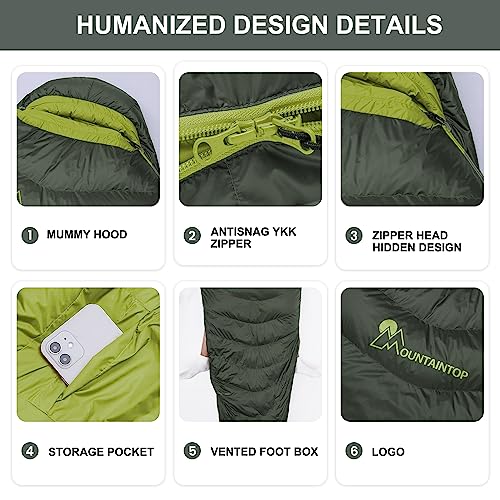 MOUNTAINTOP Down Fill Sleeping Bag for Adults Ultralight Backpacking Sleeping Bag Comfort with Compression Sack - 4 Seasons for Camping Hiking Traveling