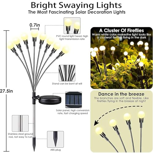 OZS 4Pack Total 32LED Solar Garden Lights - Solar Garden Lights Outdoor, Solar Firefly Lights, Sway by Wind, Solar Lights Outdoor Waterproof for Patio Pathway Decoration (Warm White)