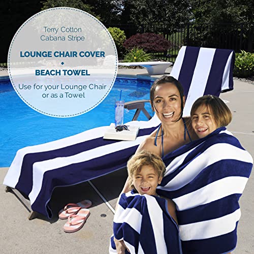 Superior Cabana Cotton Lounge Chair Cover, Outdoor Towel/Chaise Furniture Covers, Terry Cloth, Beach, Spa, Swim Accessories, Pool Chair Cover, Soft, Quick Drying, 32" x 102", Blue