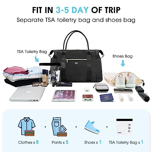 WANDF For Spirit Airlines Personal Item Bag 18x14x8 Travel Duffel Bag with TSA Approved Quart Size Bag & Shoes Bag Weekender Overnight Bag Carry-on Luggage for Women (Black）