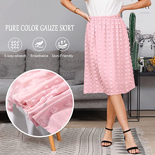 Ezcosplay Women's Boho Swiss Dot High Elastic Waist Pleated A-Line Midi Skirt (Pink, Small)