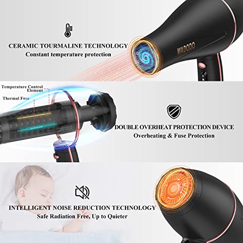 WADODO Ionic Hair Dryer, 2200W Professional Blow Dryer Fast Drying Travel AC Motor Constant Temperature Low Noise Ion Dryers Curly Care Hairdryer Blowdryer for Women Men
