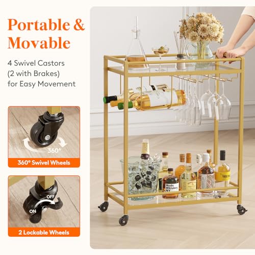 Lifewit Bar Cart, Home Serving Cart with 2 Tier Glass Shelves, Liquor Rolling Cart with Lockable Wheels, Glass Holder and Wine Rack, Beverage Cart for Kitchen Dining Living Room, Gold