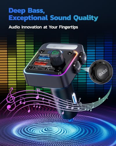 Nulaxy 54W Bluetooth 5.3 Car Adapter with 4 Charging Ports [PD 36W & QC3.0 18W], Wireless Radio FM Transmitter with Deep Bass Player & 5 Colors LED Backlit, Hands-Free Calling - NX16 Black