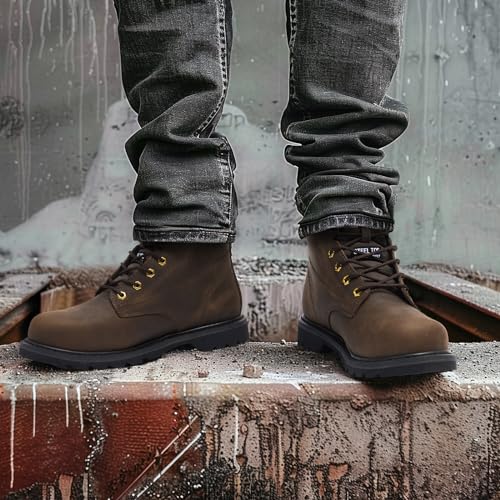 NINGO Steel Toe Work Boots for Men, Comfortable Leather Industrial & Construction Boots, Oil & Water Resistance Anti Slip Safety Boots with EH Protection, for Outdoor Factories Warehouses Farms