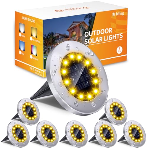 Biling Solar Ground Lights Outdoor 8 Packs, Bright 12 LEDs Solar Lights Outdoor Waterproof, Flat Landscape Lights Solar Powered for Yard Walkway Garden Driveway (White)