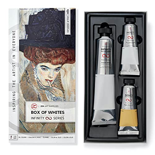 ZenART BOX of Whites Palette Professional Oil Paints - 200ml Titanium White Oil Paint, 50ml Zinc-Titanium White, 50ml Naples Yellow Hue - Set of White Oil Paints for Artists - The Infinity Series