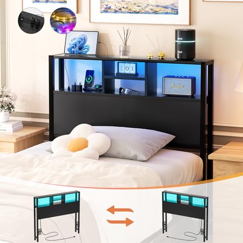 Aheaplus Headboard for Twin Size Bed with Storage, Headboards with Outlets, USB Ports and LED Light, Twin Size Head Board Only, Height Adjustable, Reversible, Sturdy and Stable Headboard, Black