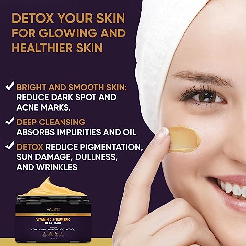 VALITIC Vitamin C & Turmeric Clay Mask - Dark Spot Corrector with Kojic Acid, Hyaluronic Acid & Retinol - Skin Care Routine for Minimizing Pores & Blackheads - with Applicator Brush - 50g