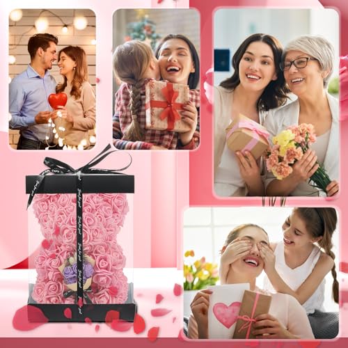 FLOWERS Rose Bear Gifts for Mothers Day, Teddy Bear with Rose Bouquet, Necklace, Greeting Card, Gifts Box for Mom, Wife, Grandma, Anniversary, Birthday, Home Decor