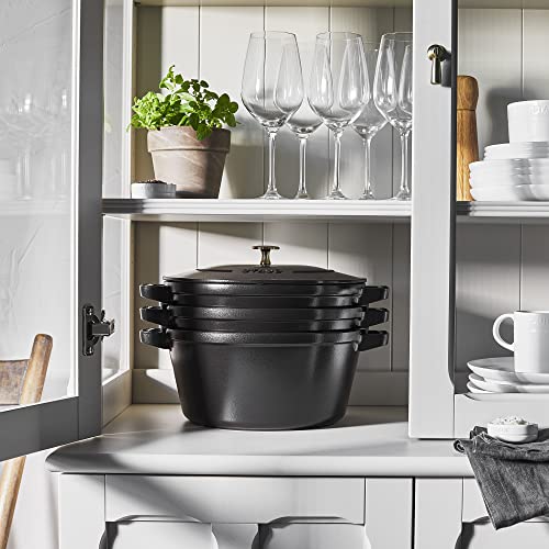 STAUB Cast Iron Set 4-pc, Stackable Space-Saving Cookware Set, Dutch Oven, Skillet, Grill Pan & Ceramic Baking Dish Set, 3pc, Cherry