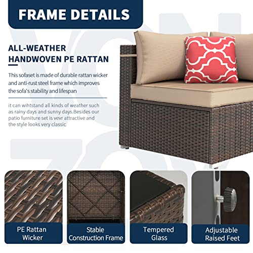 VONZOY Outdoor Patio Furniture Set 7 Pieces Sectional Rattan Sofa Set, PE Rattan Wicker Patio Conversation Set with 6 Seat Cushions and 1 Tempered Glass Table and Furniture Cover, Brown