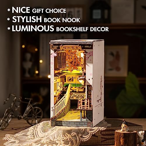 Rowood Book Nook Kit, Bookshelf Insert Decor Alley 3D Wooden Puzzle, DIY Bookend Building Set Model Kit with LED Light -Sakura Tram