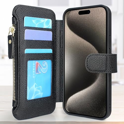 Lacass Compatible with MagSafe Case Wallet for iPhone 15 Pro 6.1 inch, 3 Card Holder Zipper Leather Wallet Cover Magnetic Closure Wrist Strap Lanyard (Black)