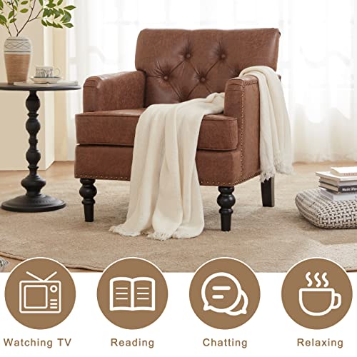 Iroomy Accent Chair for Living Room, Mid Century Modern Armchair with Thick Cushion and Wood Frame, Comfy Reading Sofa Chair for Bedroom, Brown
