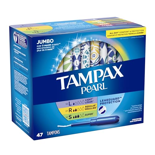 Tampax Pearl Tampons Multipack, Light/Regular/Super Absorbency, With Leakguard Braid, Unscented, 47 Count