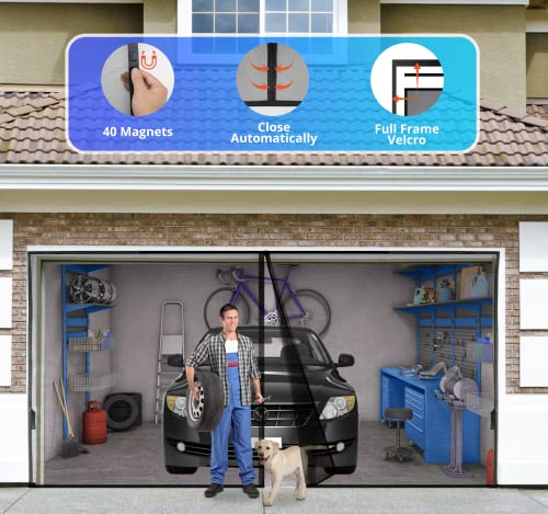 Garage Door Screen for 2 Car 16x8FT, Magnetic Screen Garage with Retractable Fiberglass Mesh and Heavy Duty Weighted Bottom, Easy Assembly & Pass,Hands Free Screen Door w/ 44 Magnets for Garage/Patio