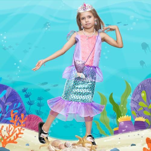 Meland Mermaid Dress for Girls - Little Mermaid Costume for Girls with Bag Princess Dresses for Girls 3-8 Birthday Gift