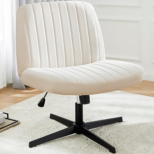 DUMOS Cross Legged Armless Wide Wheels, Modern Home Office Desk Swivel Adjustable Fabric Vanity Chair, Beige