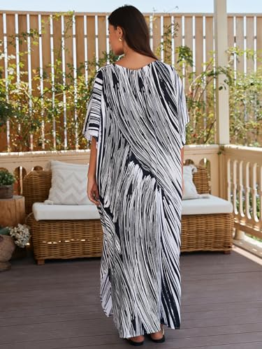 IMAGEKOPE Women's Plus Size Loose Fit Moroccan Print V-Neck Batwing Kaftan Beach Dress Bathing Suit Cover Up