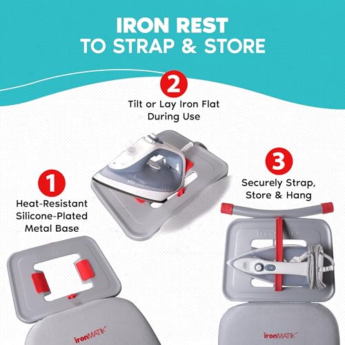 ironMATIK, Space Saver Ironing Board, 45.5"X15" Area (Board Length 35.5"), Easy Storage, 6 Levels of Adjustable Height, Heat Resistant Silicone Tray, Padded Top, Ideal for Small Spaces, Made in EU