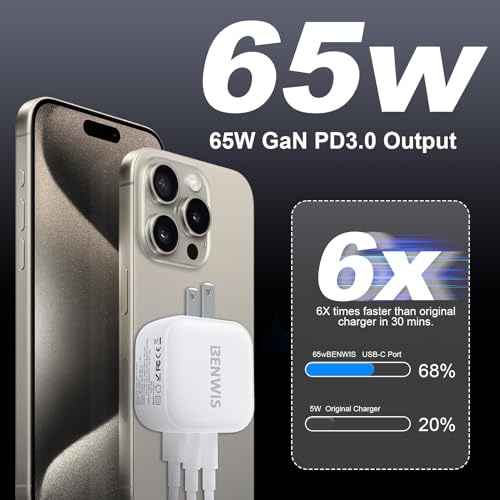 BENWIS USB C Charger Block, 65W GaN Fast Charger 3.0 QC+PD Type C Charging Block Cube 3-Port USB Wall Charger for iPhone 15 14 13 12 11 Pro Max XS, iPad, Samsung Phone, Tablet