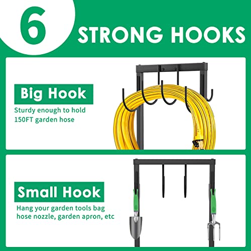 TomCare Garden Hose Holder Water Hose Holder with 4 Spikes Freestanding Garden Hose Stand Hose Storage Sturdy Hose Hanger Hose Reel Heavy Duty 6 Hooks Hose Organizer Holder for Outside, Black