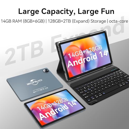 Tablet 10 inch 2024 Newest Android 14 Tablet with 128GB Rom+14GB Ram+2TB Expand, 4G Cellular Tablets with Dual Sim Slot, 2 in 1 Tablet with Case/Keyboard/Mouse, 5G Wifi, Octa-Core GPS 8000mAh (Grey)