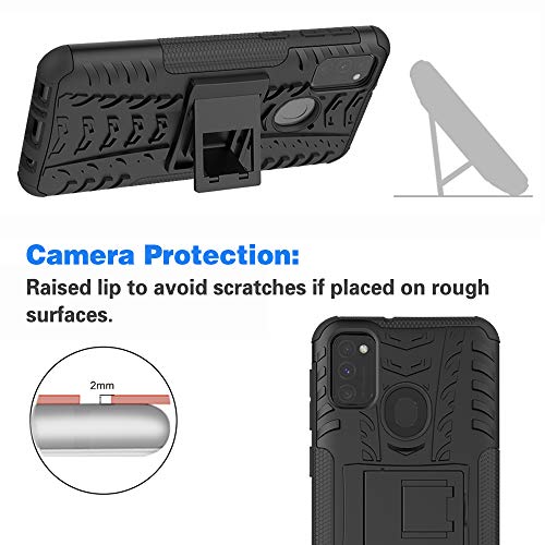 Phone Case for Samsung Galaxy M30s M21 with Tempered Glass Screen Protector Cover and Stand Kickstand Hard Rugged Hybrid Protective Cell Accessories Glaxay M 30s Gaxaly 21M Cases Boys Women Men Black