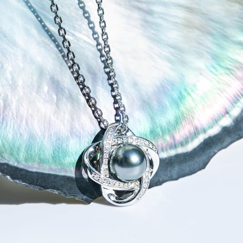 mihiarii Tahitian Black Pearl Necklace Celtic Love Knot Pendant Moissanite Sterling Silver 9MM Pearl Birthday Anniversary Mothers Day Valentines Day Christmas Gifts for Mom Her Women