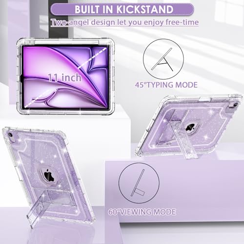 ZoneFoker for iPad Air 11 Inch Case 6th/5th/4th Generation M2 11-inch 2024/2022/2020 Case, Clear Glitter Slim Cover for Kids with Pencil Holder Heavy Duty Shockproof Protective Case with Kickstand