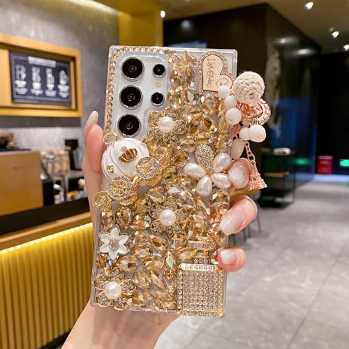 iFiLOVE for Samsung Galaxy S24 Bling Case, Girls Women 3D Luxury Sparkle Glitter Diamond Crystal Rhinestone Pumpkin Car Charm Pendant Protective Case Cover (Champagne)