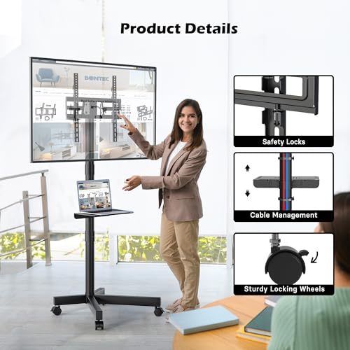 BONTEC Mobile TV Stand, Tilt Rolling TV Cart with Media Shelf and Locking Wheels, Fits 23-60” LED, LCD, OLED Flat Curved TVs, Holds Up to 55lbs, Max VESA 400x400mm