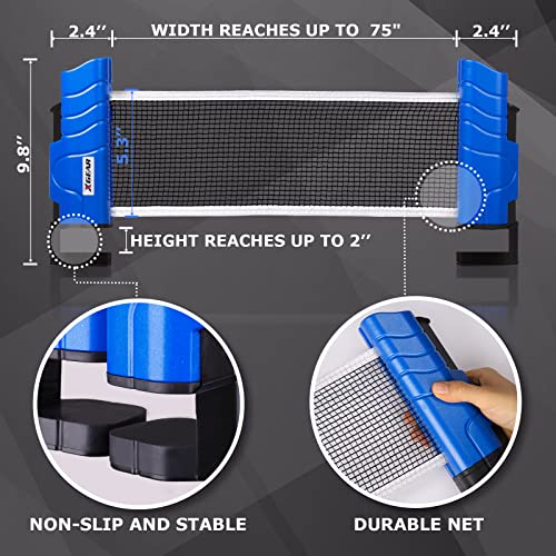 XGEAR Anywhere Ping Pong Equipment to-Go Includes Retractable Net Post, 2 Ping Pong Paddles, 3 pcs Balls, Attach to Any Table Surface, Lake Blue