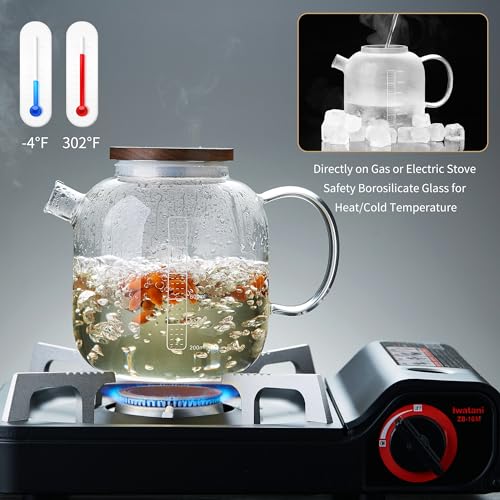 Glass Teapot with Infuser and Lid 40.6 fl oz, Stovetop Gas Safe, Thickened Heat Resistant Borosilicate Glass Tea Kettle