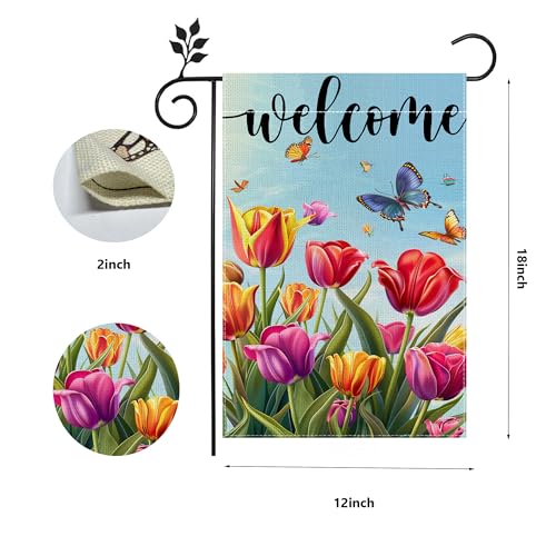 Welcome Garden Flags, Butterfly Tulip Garden Flag, 12x18 Inch Vertical Double Sided Burlap, Summer Porch Garden Flag, Outdoor Yard House Decor （Only Garden Flag）